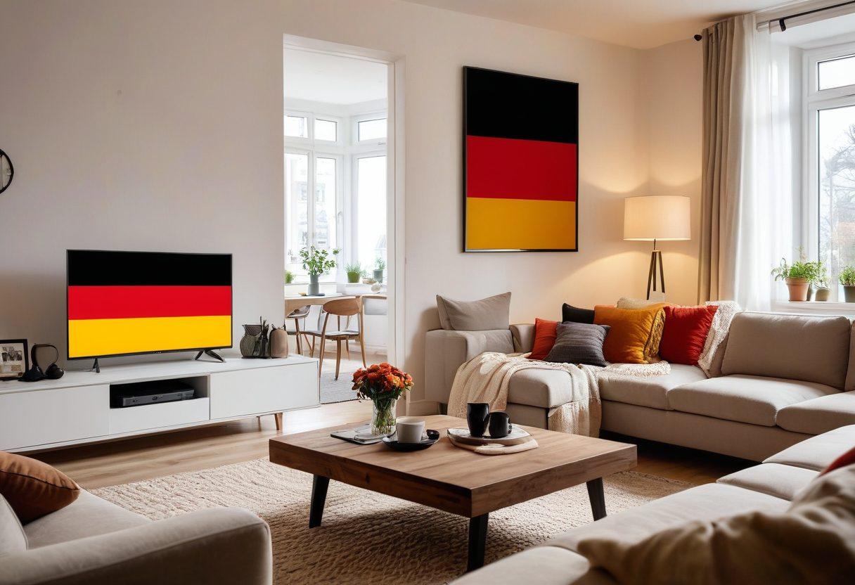 An inviting living room with a smart TV showing a vibrant scene from a popular German TV series on Das Erste, surrounded by cozy decorations, a steaming cup of coffee, and a laptop with an open streaming service screen. The background should include a German flag subtly integrated into the decor. super-realistic. vibrant colors. warm lighting. white background.