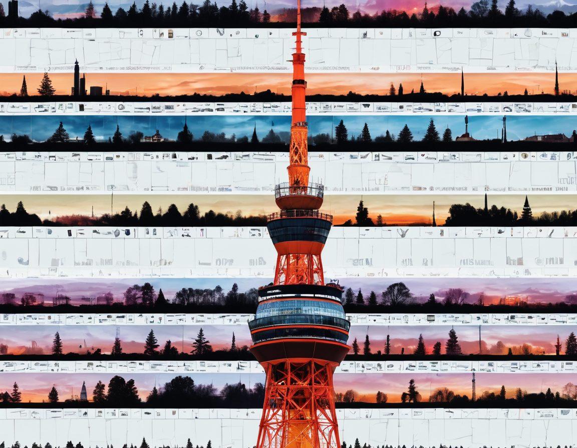 A collage showcasing a traditional German TV tower transforming into a digital pixelated stream, with iconic German TV shows and news anchors glowing on modern devices like tablets and smartphones, all set against a map of Germany. vibrant colors. modern digital glow. white background.