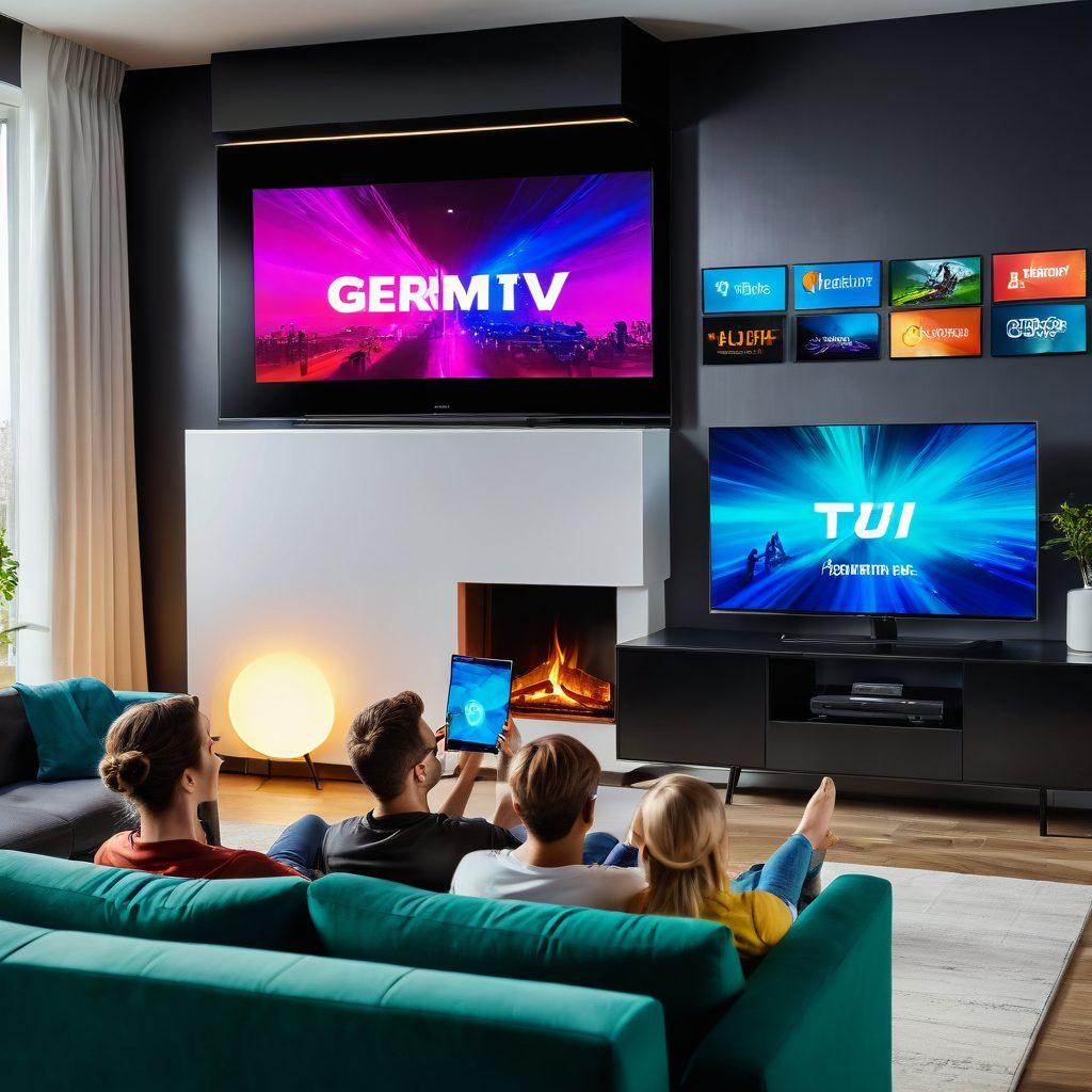 An energetic scene showcasing a modern living room with family members excitedly streaming German TV shows on a large smart TV, laptop, and tablet simultaneously. The room is filled with vibrant colors and high-tech gadgets, with holographic German entertainment icons floating around. A glowing ARD logo is prominently displayed on the TV screen. super-realistic. vibrant colors. modern tech.